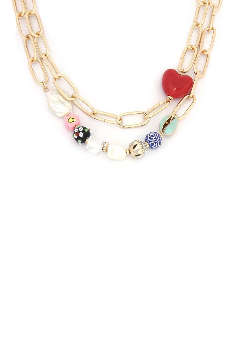Heart Shape Beaded Oval Link Layer Necklace
