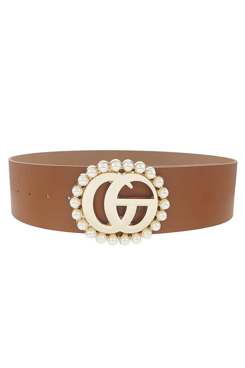 Pearl Trimmed Metal Buckle Wide Waist Belt