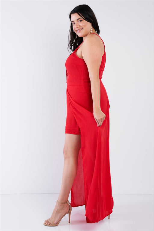 Plus Size Red Maxi Lace Up Romper Dress Plus Size Red Maxi Lace Up Romper Dress - M&R CORNER M&R CORNER
