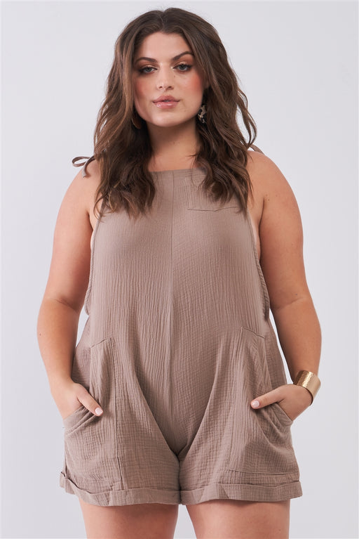 Plus Taupe Square Neck Sleeveless Self-tie Shoulders Drawstrings Front And Side Pockets Cuffed Romper Plus Taupe Square Neck Sleeveless Self-tie Shoulders Drawstrings Front And Side Pockets Cuffed Romper - M&R CORNER M&R CORNER