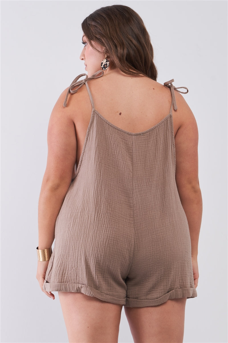 Plus Taupe Square Neck Sleeveless Self-tie Shoulders Drawstrings Front And Side Pockets Cuffed Romper Plus Taupe Square Neck Sleeveless Self-tie Shoulders Drawstrings Front And Side Pockets Cuffed Romper - M&R CORNER M&R CORNER