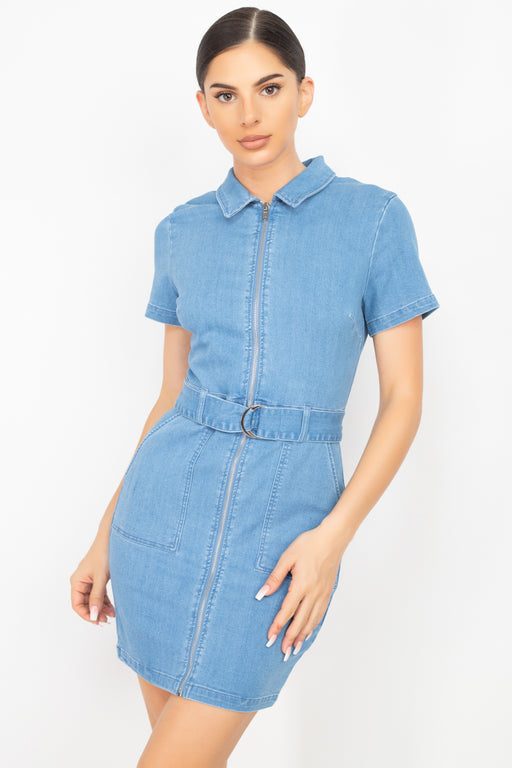Belted Bodycon Collared Denim Dress Belted Bodycon Collared Denim Dress - M&R CORNER M&R CORNER