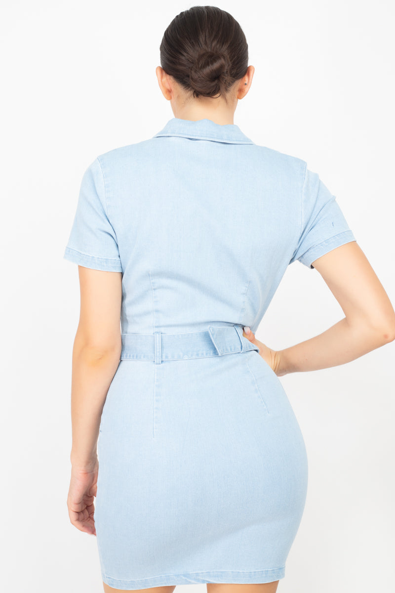Belted Bodycon Collared Denim Dress Belted Bodycon Collared Denim Dress - M&R CORNER M&R CORNER