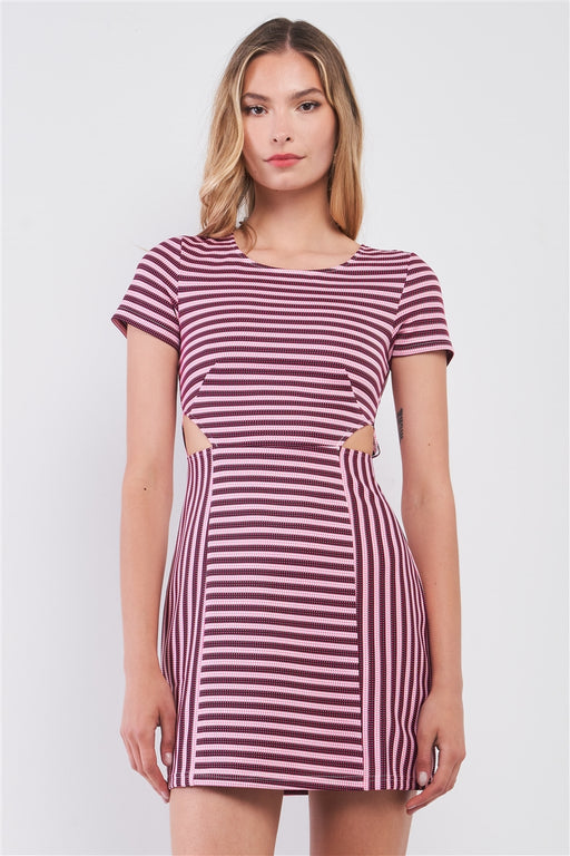 Pink & Black Striped Short Sleeve Cut-out Detail Tight Fit Mini Dress Pink & Black Striped Short Sleeve Cut-out Detail Tight Fit Mini Dress - M&R CORNER M&R CORNER