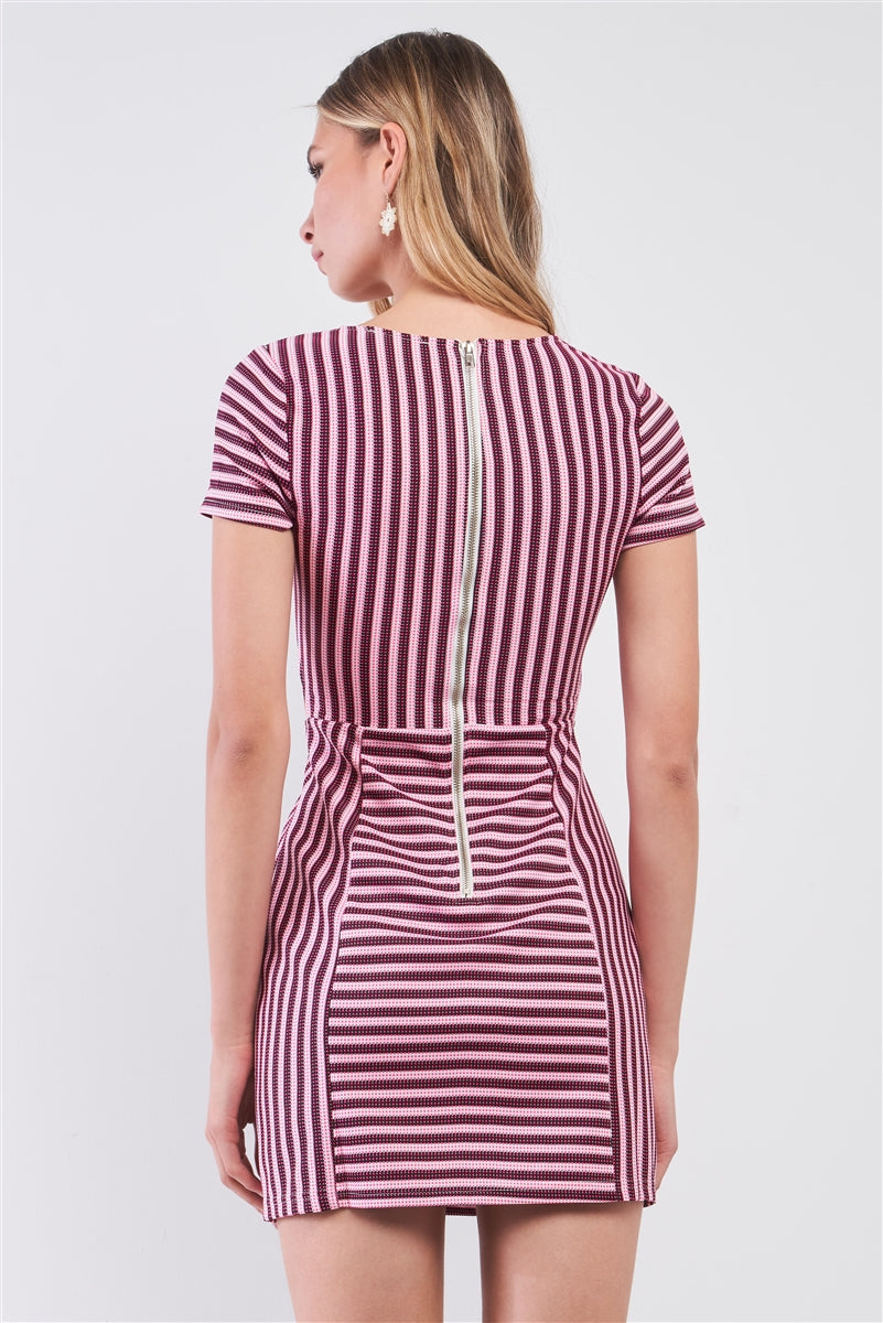 Pink & Black Striped Short Sleeve Cut-out Detail Tight Fit Mini Dress Pink & Black Striped Short Sleeve Cut-out Detail Tight Fit Mini Dress - M&R CORNER M&R CORNER