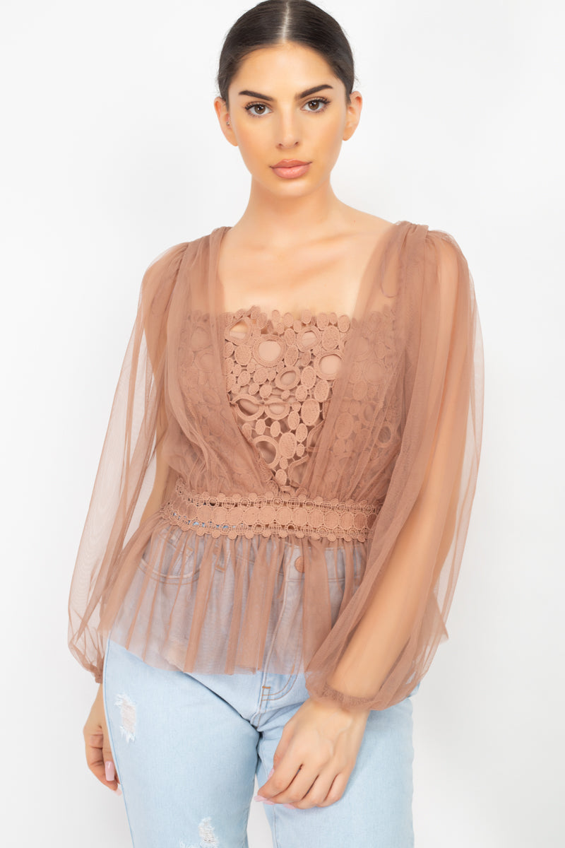 Sheer Mesh Crochet Peplum Top Sheer Mesh Crochet Peplum Top - M&R CORNER M&R CORNER