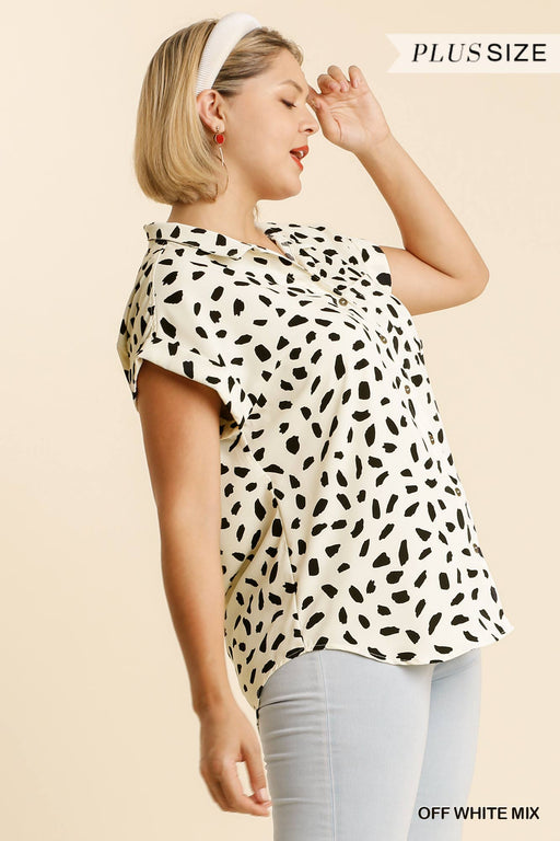 V-neck Dalmatian Print Button Front Top With Pocket Detail V-neck Dalmatian Print Button Front Top With Pocket Detail - M&R CORNER M&R CORNER