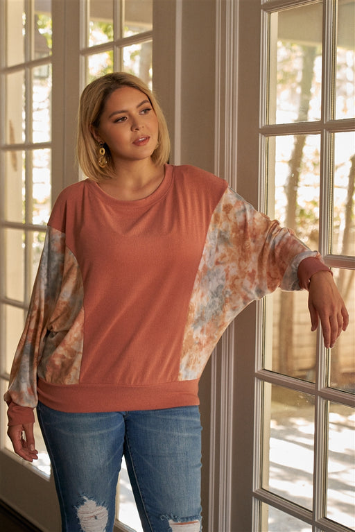 Plus Size Coral Tie-dye Long Sleeve Relaxed Round Neck Top Plus Size Coral Tie-dye Long Sleeve Relaxed Round Neck Top - M&R CORNER M&R CORNER