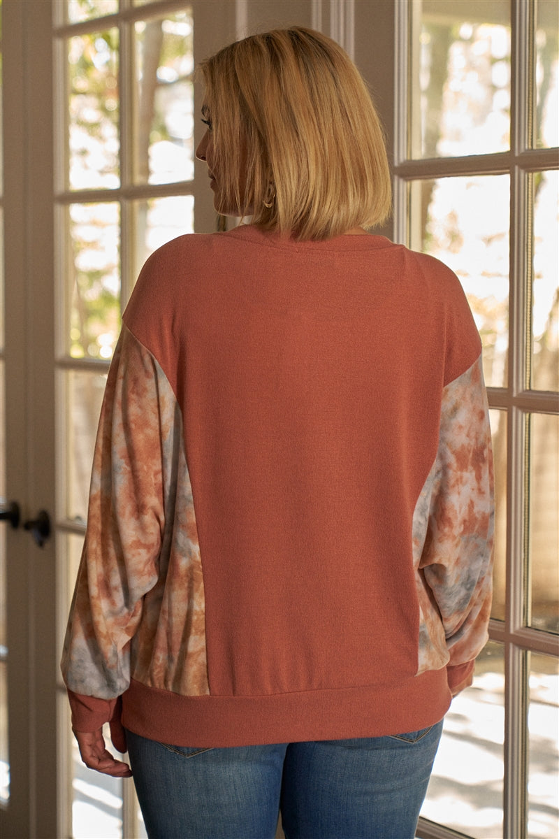 Plus Size Coral Tie-dye Long Sleeve Relaxed Round Neck Top Plus Size Coral Tie-dye Long Sleeve Relaxed Round Neck Top - M&R CORNER M&R CORNER