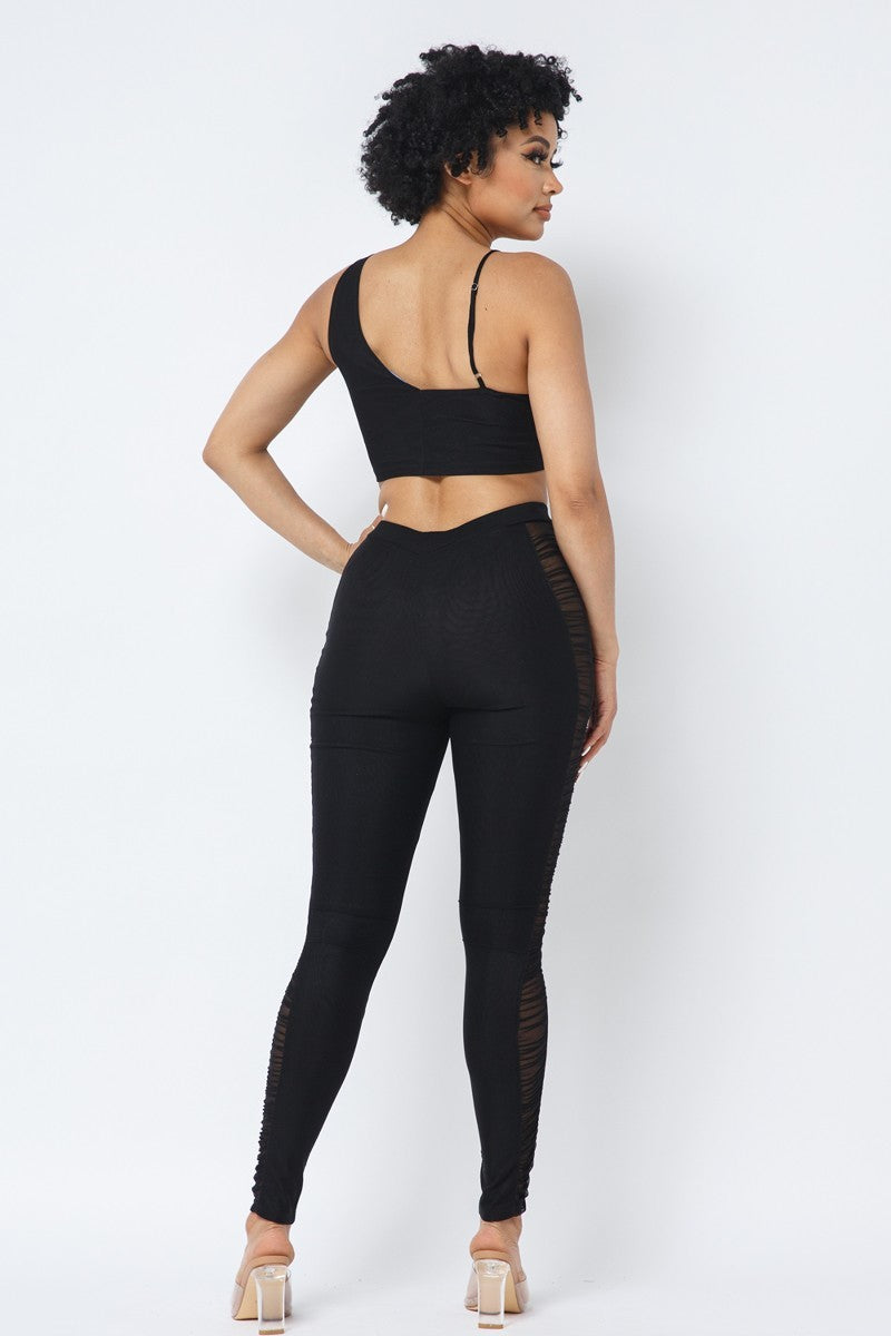Mesh Strappy Adjustable Ruched Crop Top With Matching See Through Side Panel Leggings Mesh Strappy Adjustable Ruched Crop Top With Matching See Through Side Panel Leggings - M&R CORNER M&R CORNER