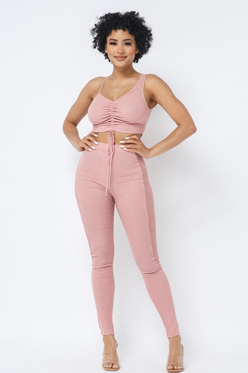 Mesh Strappy Adjustable Ruched Crop Top With Matching See Through Side Panel Leggings Mesh Strappy Adjustable Ruched Crop Top With Matching See Through Side Panel Leggings - M&R CORNER M&R CORNER