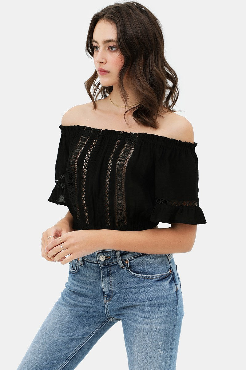 Lace Trim On The Front And Sleeves, Waist Band Cropped Top Lace Trim On The Front And Sleeves, Waist Band Cropped Top - M&R CORNER M&R CORNER