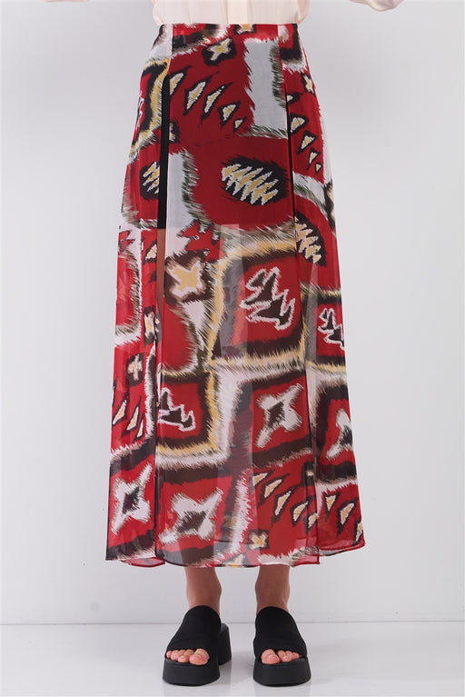 Red & Multi Vintage Graphic Print High-waisted Two Front Slits Maxi Skirt Red & Multi Vintage Graphic Print High-waisted Two Front Slits Maxi Skirt - M&R CORNER M&R CORNER