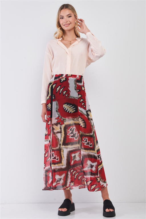 Red & Multi Vintage Graphic Print High-waisted Two Front Slits Maxi Skirt Red & Multi Vintage Graphic Print High-waisted Two Front Slits Maxi Skirt - M&R CORNER M&R CORNER