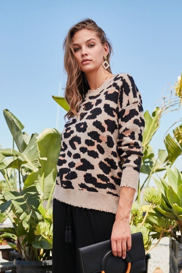 Round Neck Long Sleeve Frayed Edge Leopard Print Sweater Round Neck Long Sleeve Frayed Edge Leopard Print Sweater - M&R CORNER M&R CORNER