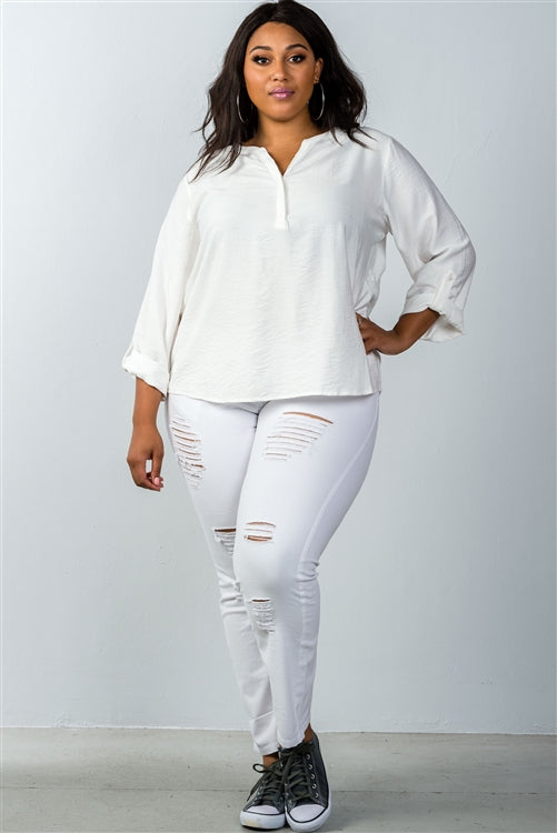 Plus Size Oatmeal Stand-up Collar Roll Tab Sleeve Blouse Plus Size Oatmeal Stand-up Collar Roll Tab Sleeve Blouse - M&R CORNER M&R CORNER