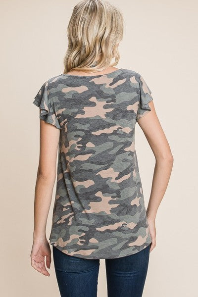 Army Camo Printed Cut Out Neckline Short Flutter Sleeves Casual Basic Top Army Camo Printed Cut Out Neckline Short Flutter Sleeves Casual Basic Top - M&R CORNER M&R CORNER