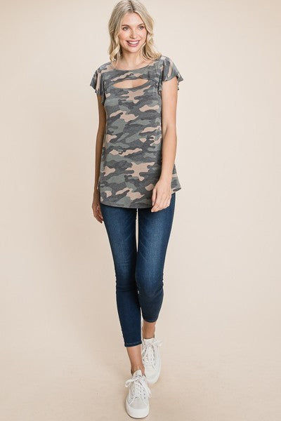 Army Camo Printed Cut Out Neckline Short Flutter Sleeves Casual Basic Top Army Camo Printed Cut Out Neckline Short Flutter Sleeves Casual Basic Top - M&R CORNER M&R CORNER