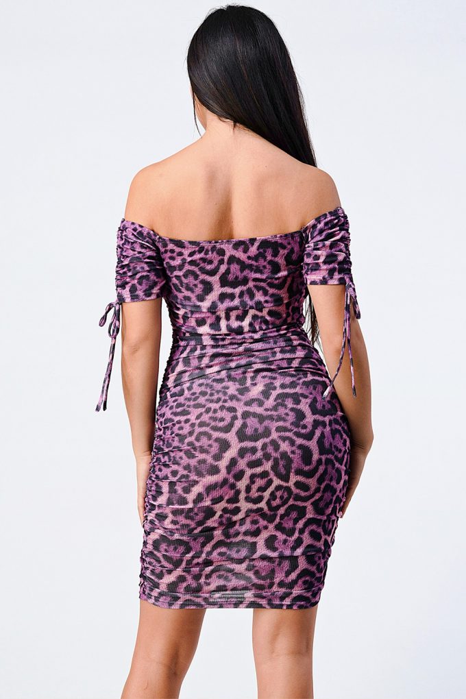 Leopard Print Off Shoulder Shirring Bodycon Dress Leopard Print Off Shoulder Shirring Bodycon Dress - M&R CORNER M&R CORNER