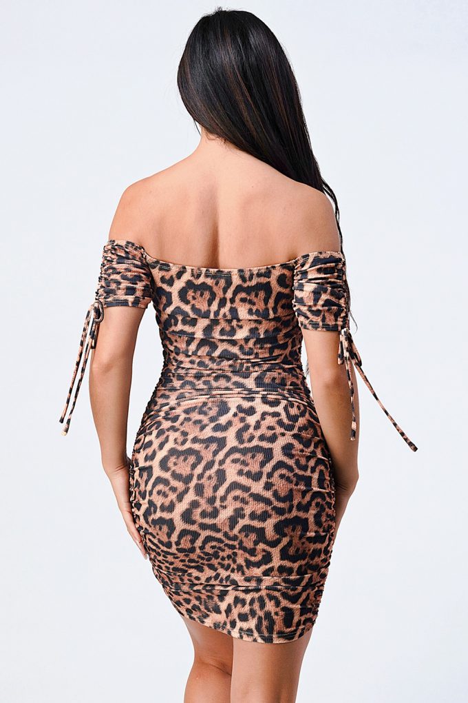 Leopard Print Off Shoulder Shirring Bodycon Dress Leopard Print Off Shoulder Shirring Bodycon Dress - M&R CORNER M&R CORNER