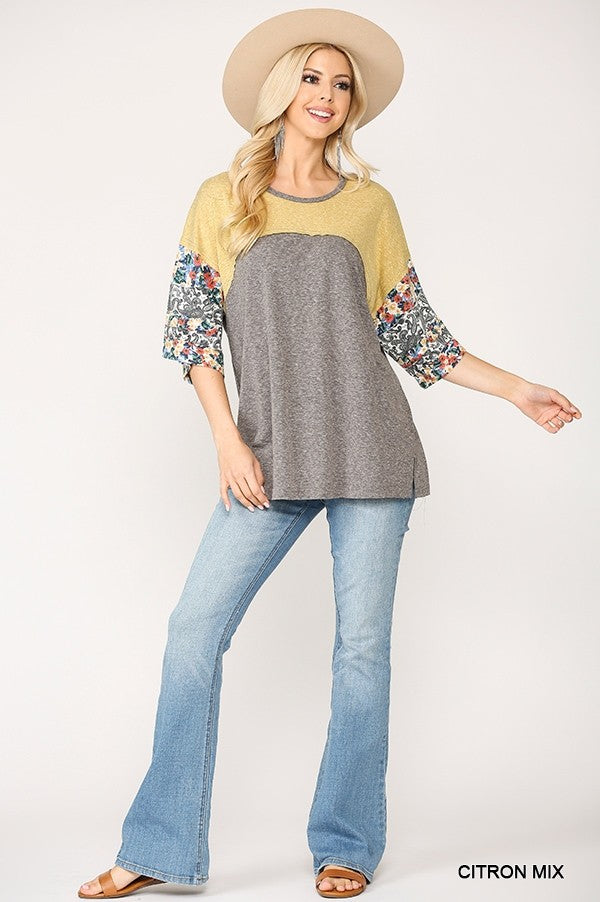 Colorblock Knit And Floral Print Mixed Top With Dolman Sleeve Colorblock Knit And Floral Print Mixed Top With Dolman Sleeve - M&R CORNER M&R CORNER