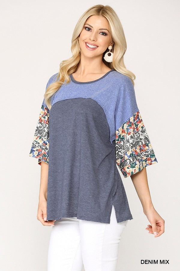 Colorblock Knit And Floral Print Mixed Top With Dolman Sleeve Colorblock Knit And Floral Print Mixed Top With Dolman Sleeve - M&R CORNER M&R CORNER