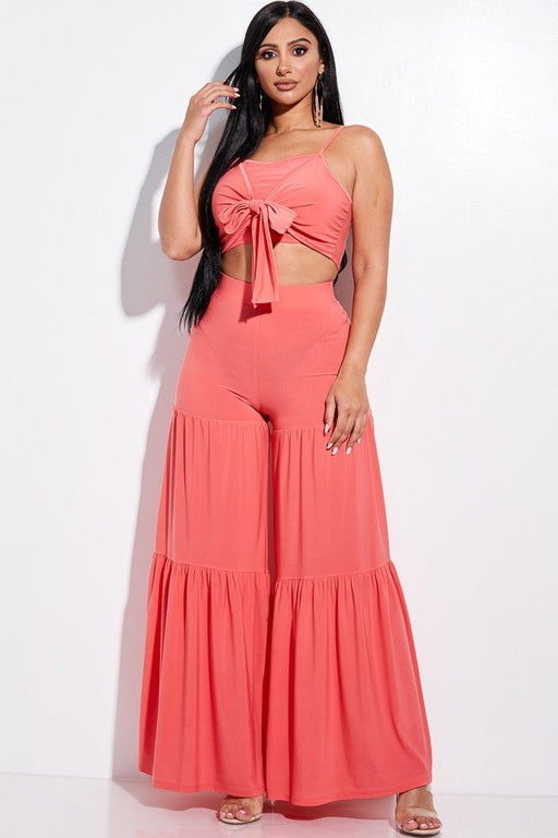 Solid Tie Front Spaghetti Strap Tank Top And Tiered Wide Leg Pants Two Piece Set Solid Tie Front Spaghetti Strap Tank Top And Tiered Wide Leg Pants Two Piece Set - M&R CORNER M&R CORNER