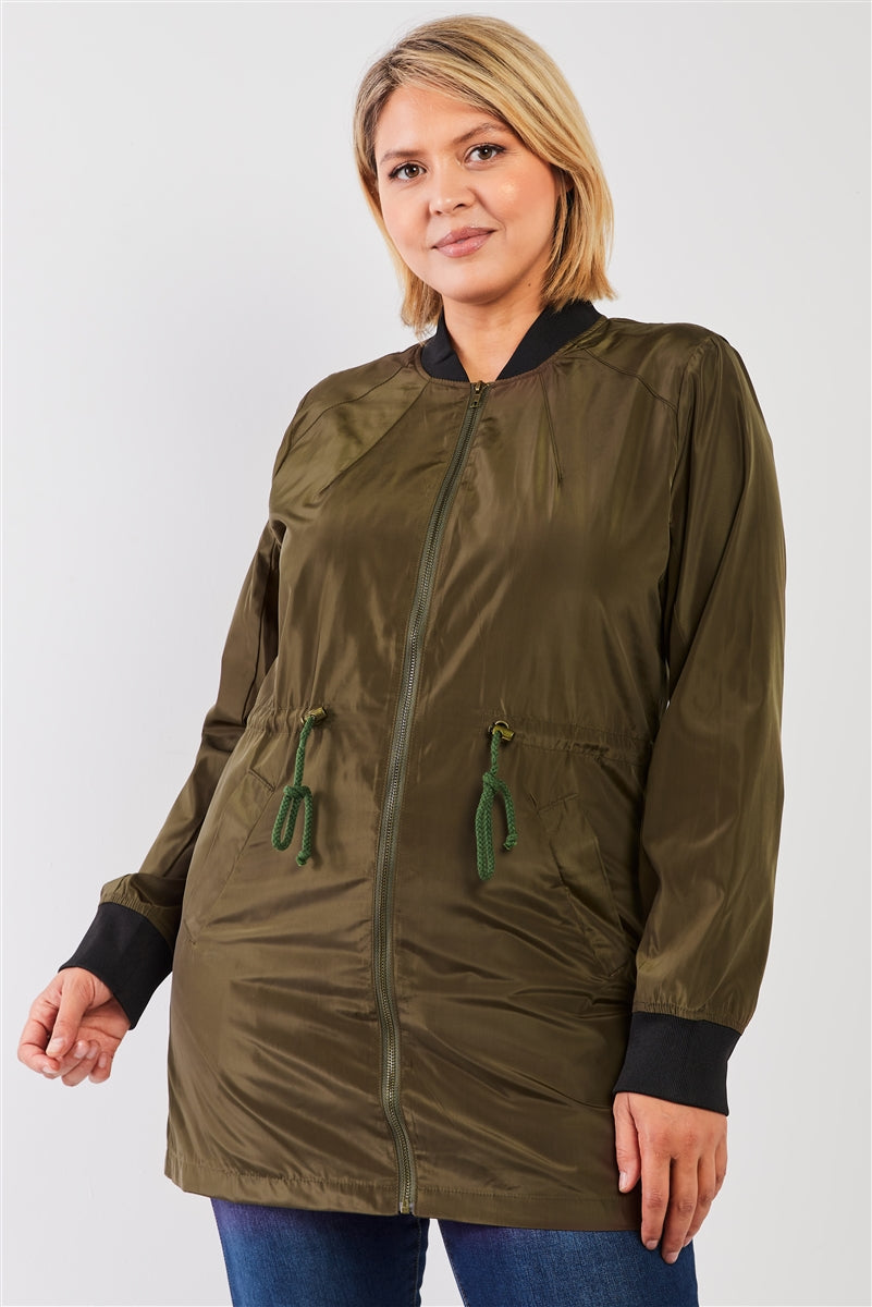Plus Olive Drawstring Trim Zip-up Fitted Coach Rain Jacket Plus Olive Drawstring Trim Zip-up Fitted Coach Rain Jacket - M&R CORNER M&R CORNER