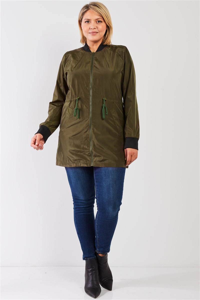 Plus Olive Drawstring Trim Zip-up Fitted Coach Rain Jacket Plus Olive Drawstring Trim Zip-up Fitted Coach Rain Jacket - M&R CORNER M&R CORNER