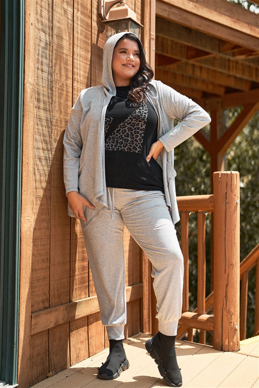 Plus Heather-grey Ribbed Long Sleeve Open Front Hooded Top & High-waisted Sweatpants Two Piece Set Plus Heather-grey Ribbed Long Sleeve Open Front Hooded Top & High-waisted Sweatpants Two Piece Set - M&R CORNER M&R CORNER
