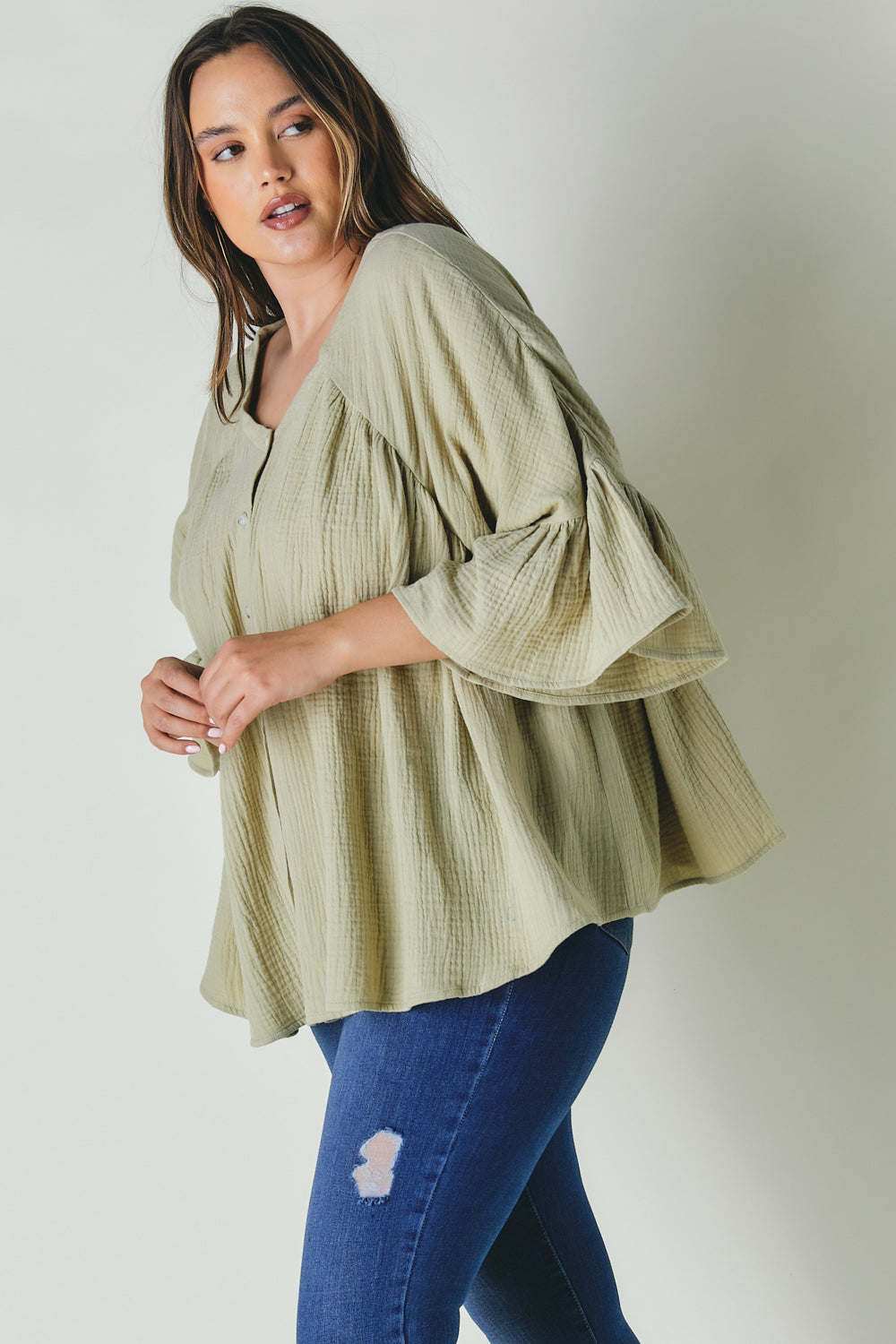 Plus Solid V Neck Button Down Top Plus Solid V Neck Button Down Top - M&R CORNER M&R CORNER