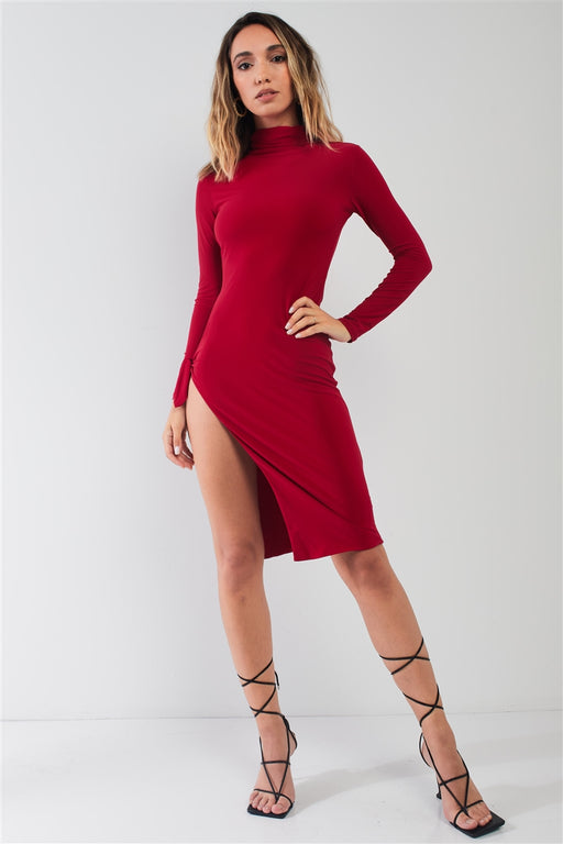 Passion Red Turtle Neck Long Sleeve Super Deep Side Slit With Tie Detail Midi Dress Passion Red Turtle Neck Long Sleeve Super Deep Side Slit With Tie Detail Midi Dress - M&R CORNER M&R CORNER