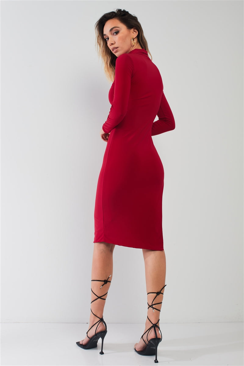 Passion Red Turtle Neck Long Sleeve Super Deep Side Slit With Tie Detail Midi Dress Passion Red Turtle Neck Long Sleeve Super Deep Side Slit With Tie Detail Midi Dress - M&R CORNER M&R CORNER