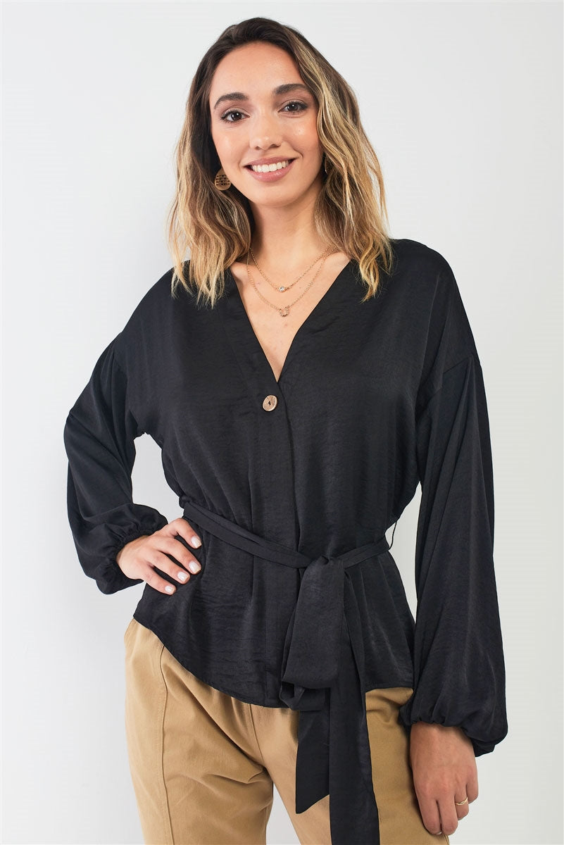 Black Satin V-neck Bishop Sleeve Self-tie Belt Relaxed Blouse Top Black Satin V-neck Bishop Sleeve Self-tie Belt Relaxed Blouse Top - M&R CORNER M&R CORNER