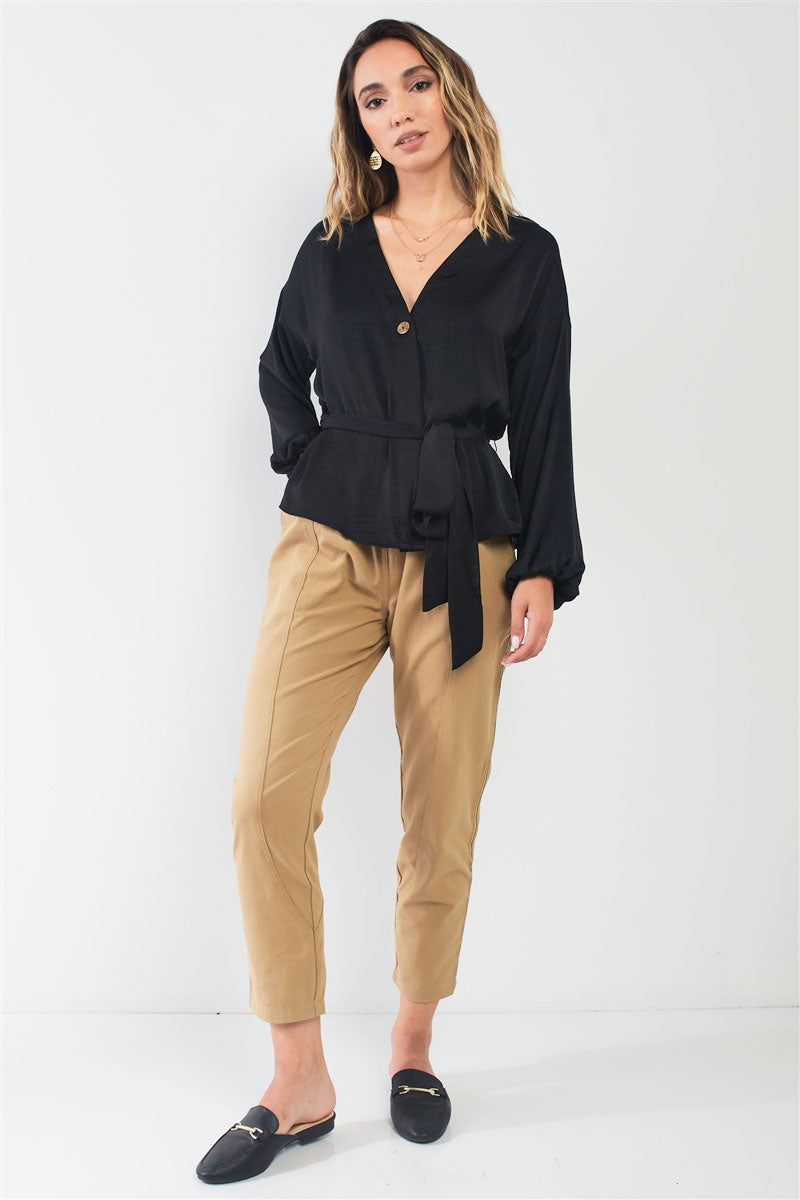 Black Satin V-neck Bishop Sleeve Self-tie Belt Relaxed Blouse Top Black Satin V-neck Bishop Sleeve Self-tie Belt Relaxed Blouse Top - M&R CORNER M&R CORNER