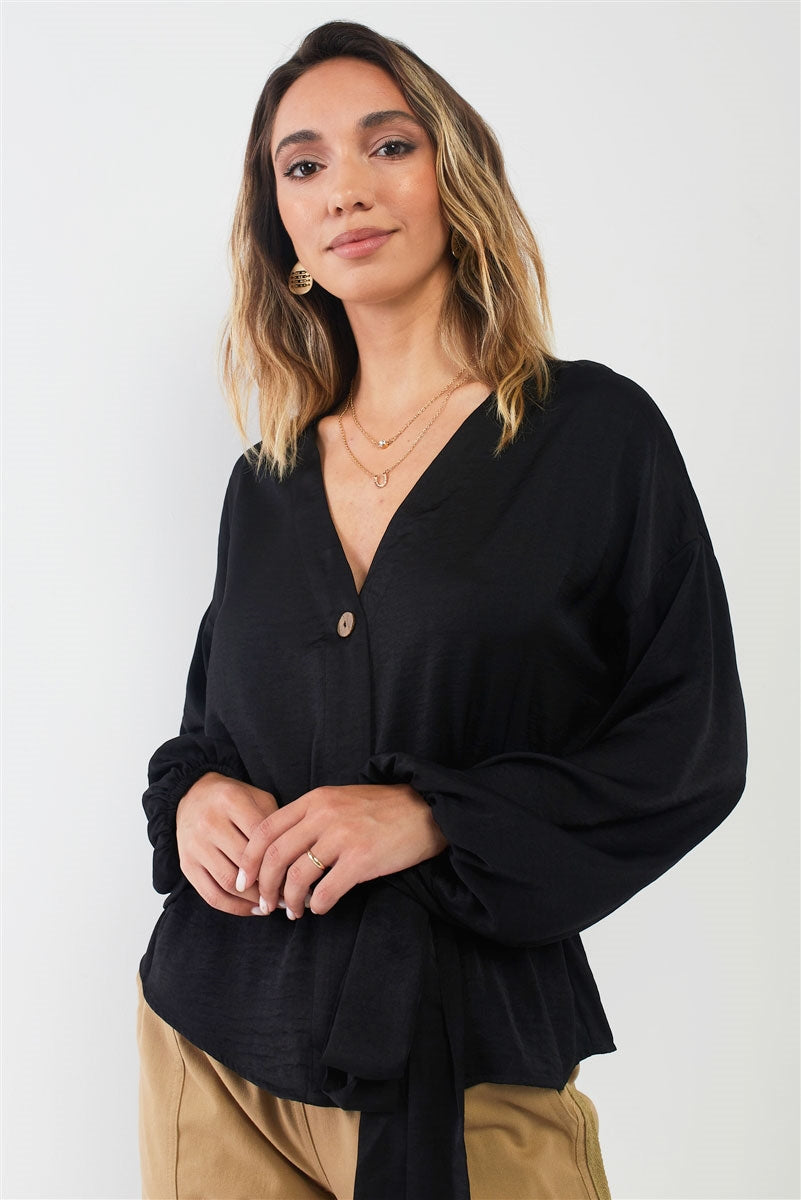 Black Satin V-neck Bishop Sleeve Self-tie Belt Relaxed Blouse Top Black Satin V-neck Bishop Sleeve Self-tie Belt Relaxed Blouse Top - M&R CORNER M&R CORNER