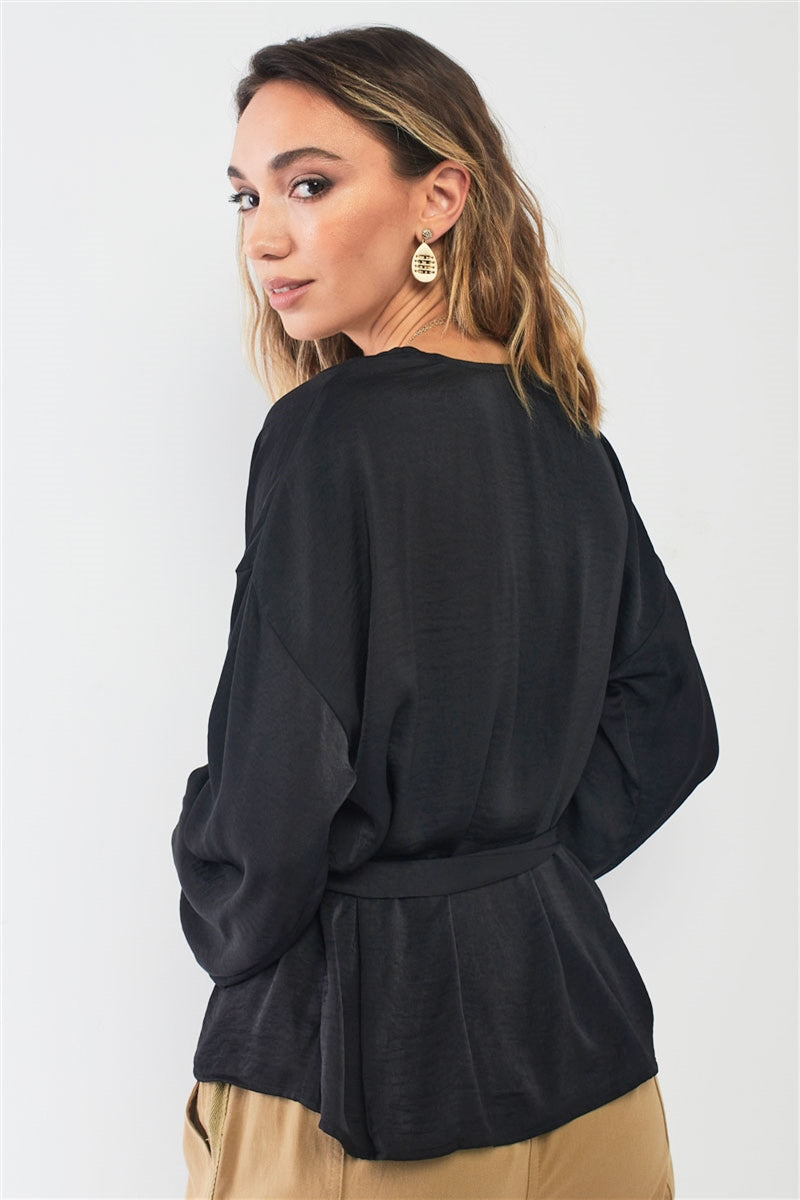 Black Satin V-neck Bishop Sleeve Self-tie Belt Relaxed Blouse Top Black Satin V-neck Bishop Sleeve Self-tie Belt Relaxed Blouse Top - M&R CORNER M&R CORNER