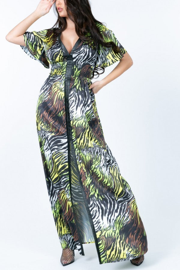 Deep V Neck Slit Zebra Print Long Dress Deep V Neck Slit Zebra Print Long Dress - M&R CORNER M&R CORNER