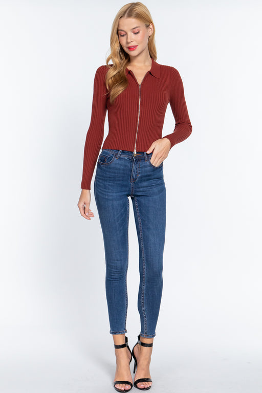 Notched Collar Zippered Sweater Notched Collar Zippered Sweater - M&R CORNER M&R CORNER