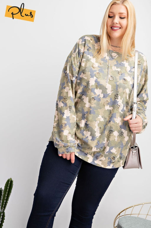 Plus Size Long Sleeve Distressed Printed Rayon Pullover Top Plus Size Long Sleeve Distressed Printed Rayon Pullover Top - M&R CORNER M&R CORNER
