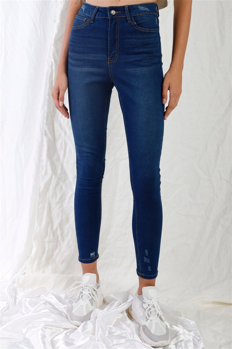 Dark Blue High-waisted With Rips Skinny Denim Jeans Dark Blue High-waisted With Rips Skinny Denim Jeans - M&R CORNER M&R CORNER