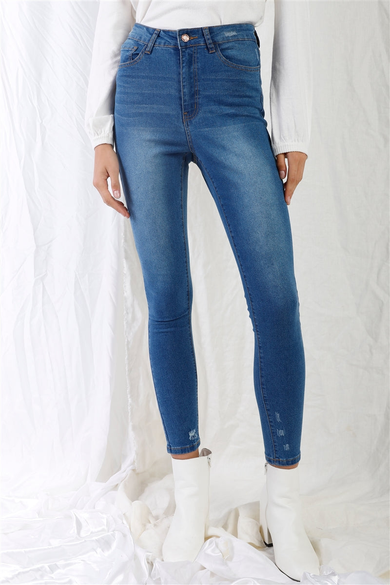 Mid Blue High-waisted With Rips Skinny Denim Jeans Mid Blue High-waisted With Rips Skinny Denim Jeans - M&R CORNER M&R CORNER