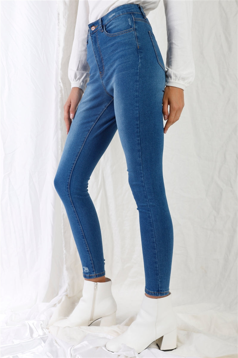 Mid Blue High-waisted With Rips Skinny Denim Jeans Mid Blue High-waisted With Rips Skinny Denim Jeans - M&R CORNER M&R CORNER