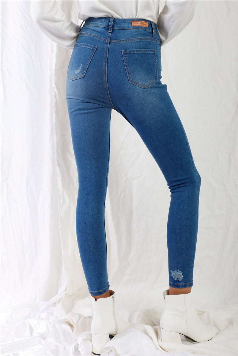 Mid Blue High-waisted With Rips Skinny Denim Jeans Mid Blue High-waisted With Rips Skinny Denim Jeans - M&R CORNER M&R CORNER