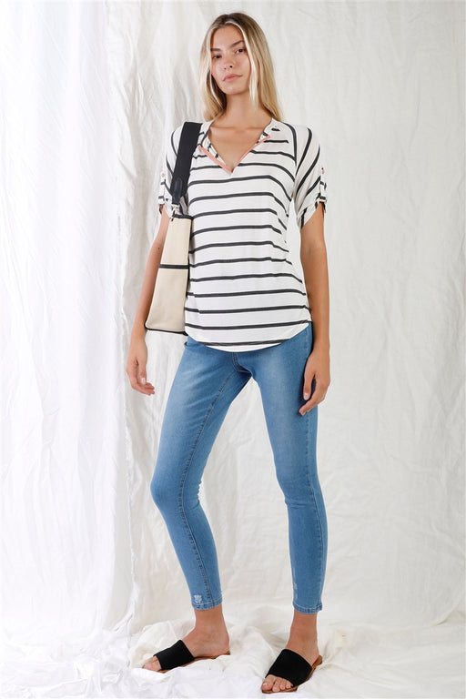 Cream & Grey Striped V-neck With Vegan Leather Detail Short Roll Up Sleeve Relaxed Fit Top Cream & Grey Striped V-neck With Vegan Leather Detail Short Roll Up Sleeve Relaxed Fit Top - M&R CORNER M&R CORNER
