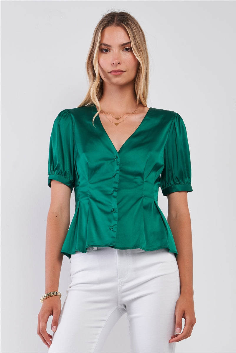 Kelly Green Satin Short Puff Sleeve V-neck Button-down Front Fit & Flare Blouse Top Kelly Green Satin Short Puff Sleeve V-neck Button-down Front Fit & Flare Blouse Top - M&R CORNER M&R CORNER