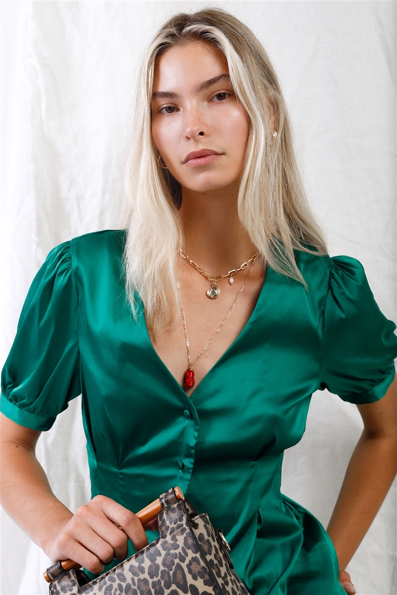 Kelly Green Satin Short Puff Sleeve V-neck Button-down Front Fit & Flare Blouse Top Kelly Green Satin Short Puff Sleeve V-neck Button-down Front Fit & Flare Blouse Top - M&R CORNER M&R CORNER