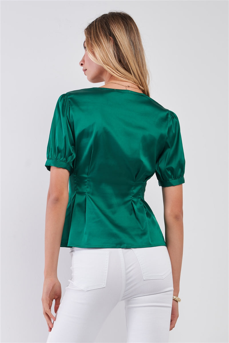 Kelly Green Satin Short Puff Sleeve V-neck Button-down Front Fit & Flare Blouse Top Kelly Green Satin Short Puff Sleeve V-neck Button-down Front Fit & Flare Blouse Top - M&R CORNER M&R CORNER