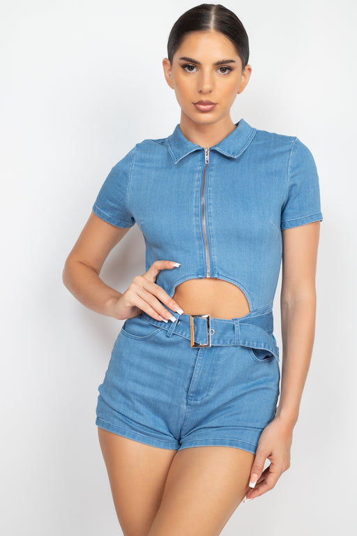 Belted Zip-up Denim Romper Belted Zip-up Denim Romper - M&R CORNER M&R CORNER