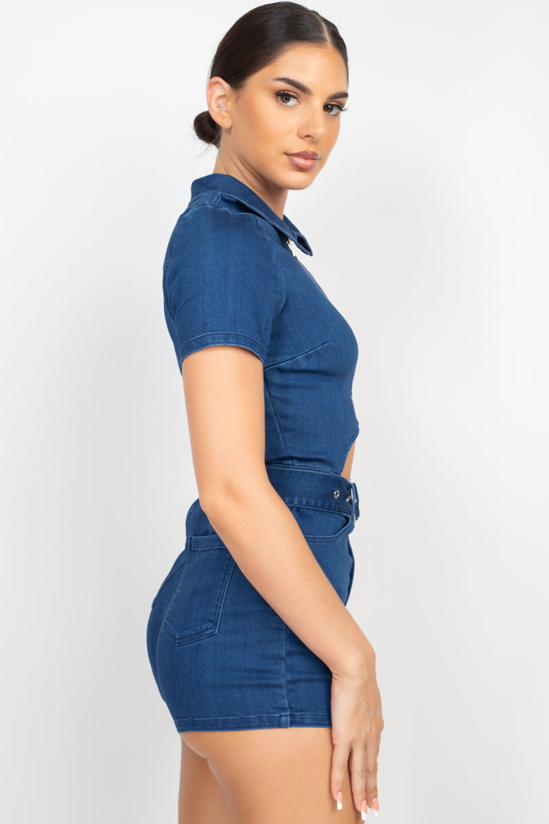 Belted Zip-up Denim Romper Belted Zip-up Denim Romper - M&R CORNER M&R CORNER